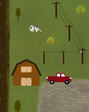 Graphic design of a barn with power lines