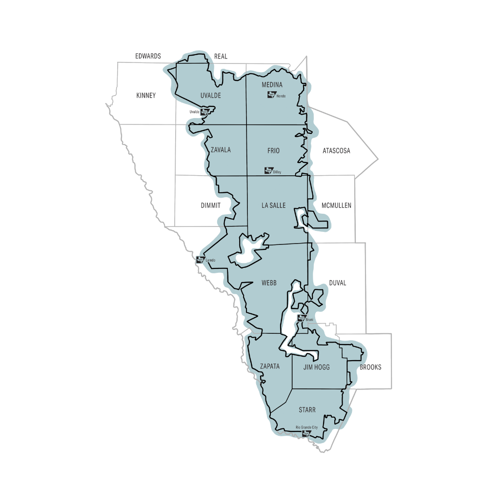 MEC service area map with counties and office locations